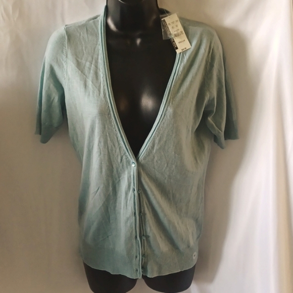 New York & Company Sweaters - Sweater, short sleeve,  button front, v-neck, blue-green, NWT